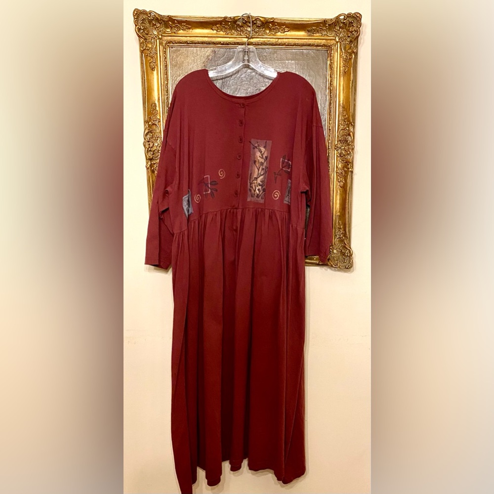 Blue Fish Vintage Boho Burgundy Dress w Amazing Original Art